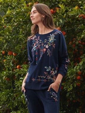 Johnny Was Dreamer Embroidered Blue Pullover Sweatshirt Size XS